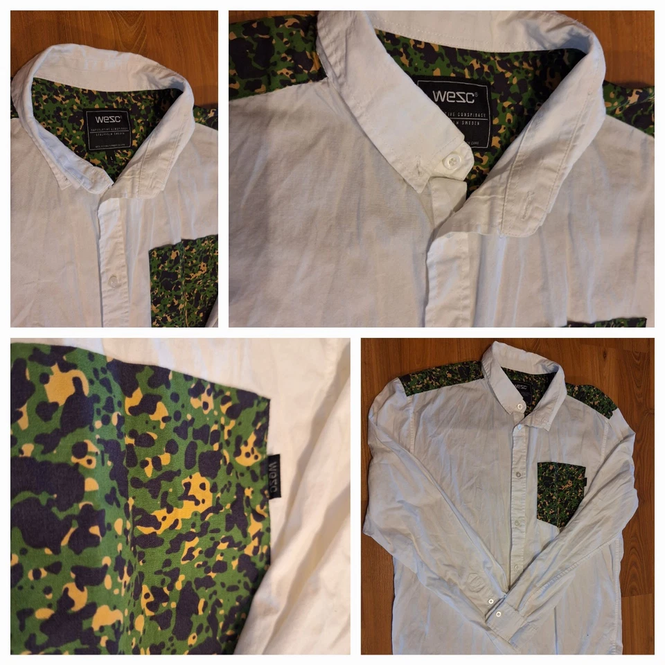 Camisa WESC Para Hombres Talla L Blanca Multicolor Camuflada Camisa Manga Larga con Botones Foto 3 de 4