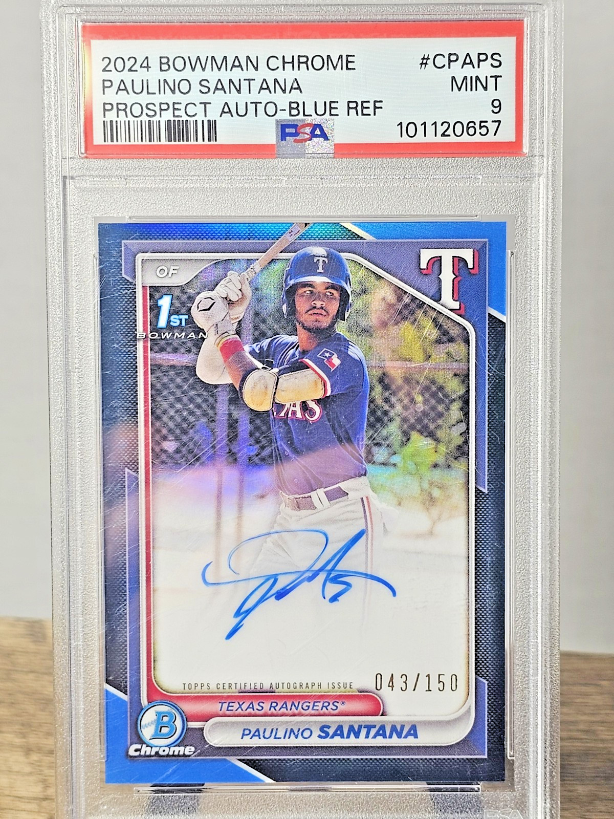 2024 1st Bowman Chrome PAULINO SANTANA Blue Refractor Auto /150 PSA 9 RANGERS!!!