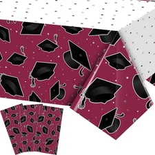 Tranqun 3 Pcs 2025 Graduation Party Tablecloth 54" x 108", Maroon and White 