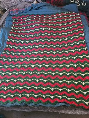 Handmade Crochet Afghan Blanket 69x48 Green Red Bobble Stitch Throw Holiday Gift