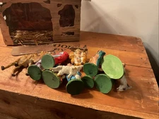 Vintage MCM Nativity Set Cardboard Manger Backdrop 11 pieces With Minor Damage.