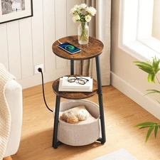 HOOBRO Small Round Side Table with Charging Station End Table Bedside Table