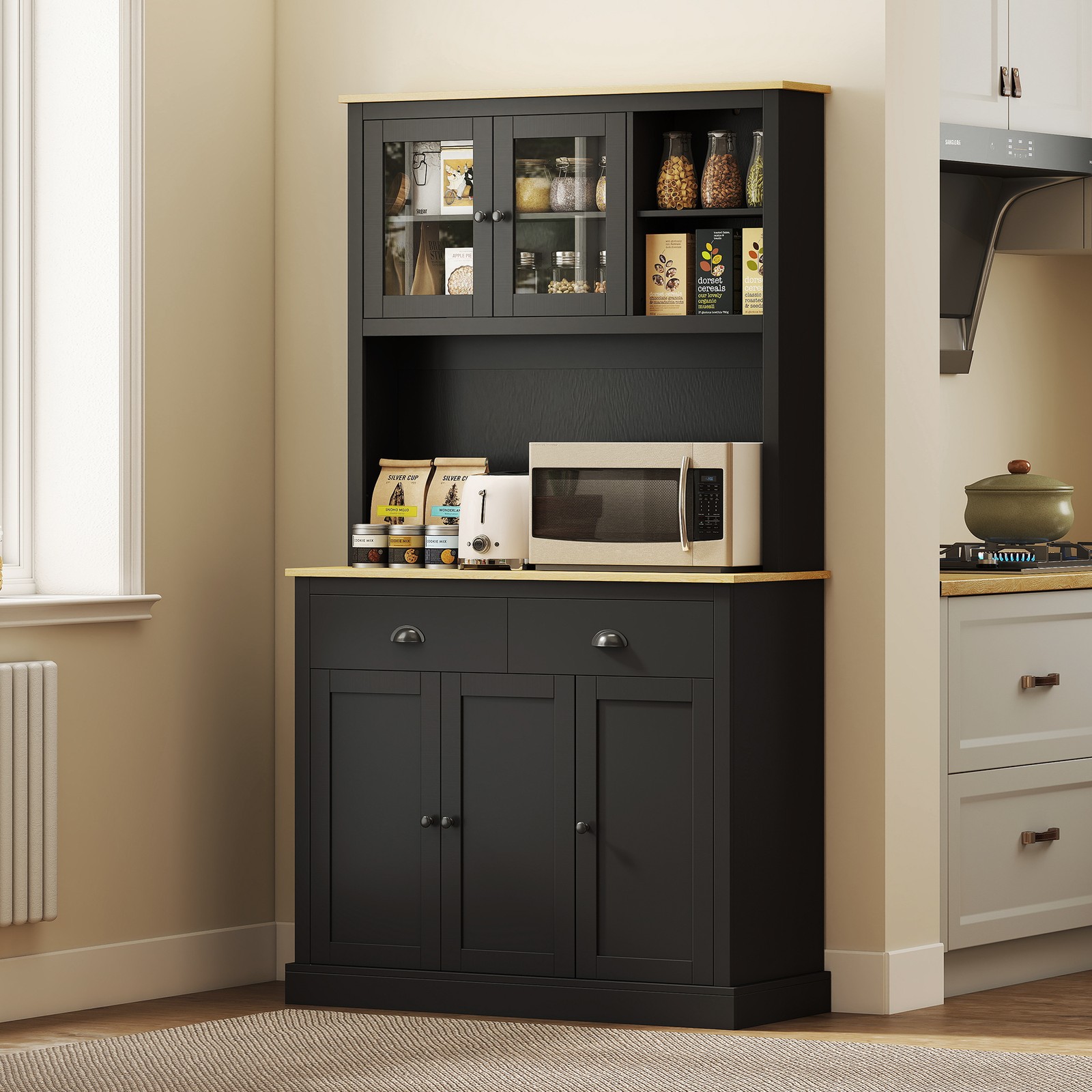 Kitchen Cabinet with Microwave Stand, 71" Pantry Cabinet, Black