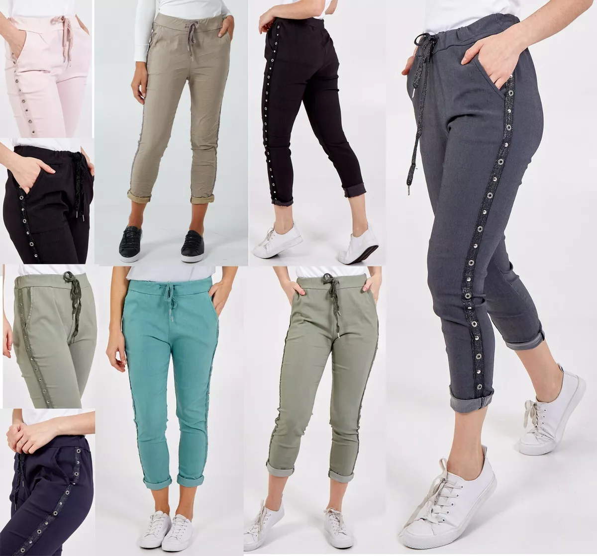 WOMEN'S LADIES Italian Studded Side Panel Trousers Stretch Jogger