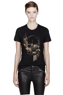 Alexander McQueen Women's Black Beaded Skull T-Shirt Size 38