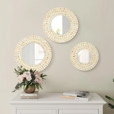 Boho Mirror Wall Decor for Living Room, 3PCS Natural Mother of Pearl Decorati...