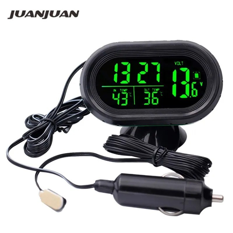 12V 3 In 1 LCD Digital Car Clock Thermometer Voltmeter Dual Temperature Gauge