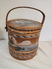 Antique Vintage  WOODEN FIRKIN SUGAR BUCKET Painted  Swing Handle & Lid Sewing