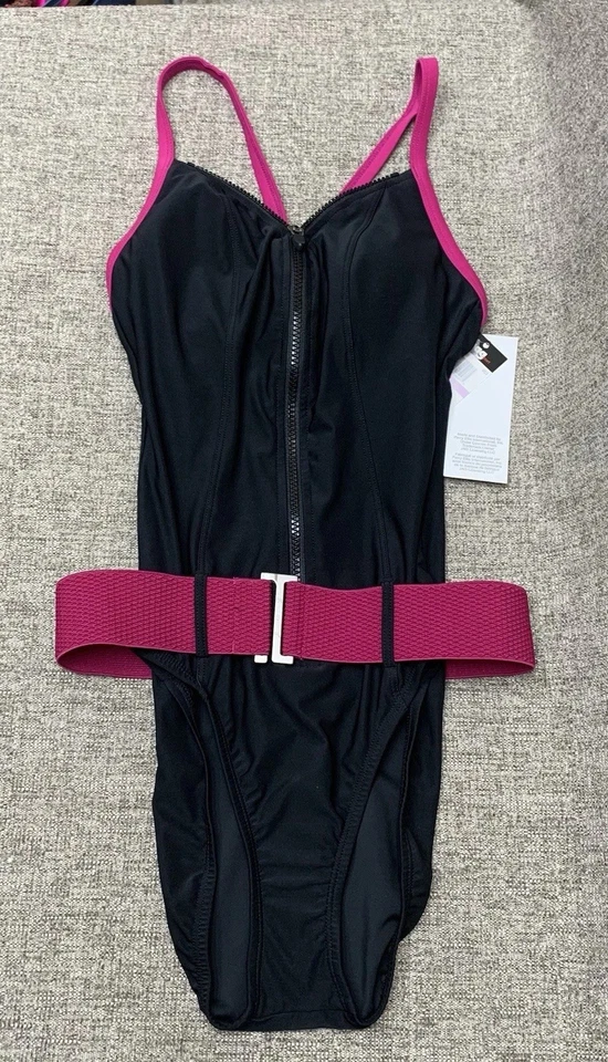 Vintage JAG One Piece Swimsuit Black Purple Belt Zip Front Sz 6 S Strappy Back - Image 4 of 4
