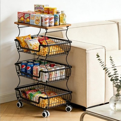 Utility Rolling Cart 4-Tier Metal Storage Organizer Cart with Wooden Top Snac...