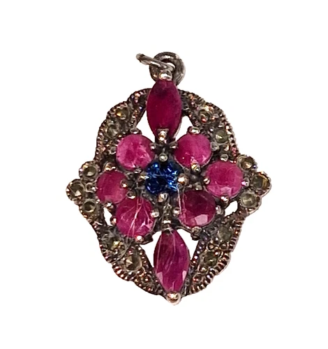 Art Deco Ruby Sapphire Pendant 925 Sterling Silver Vintage Collectible Jewelry