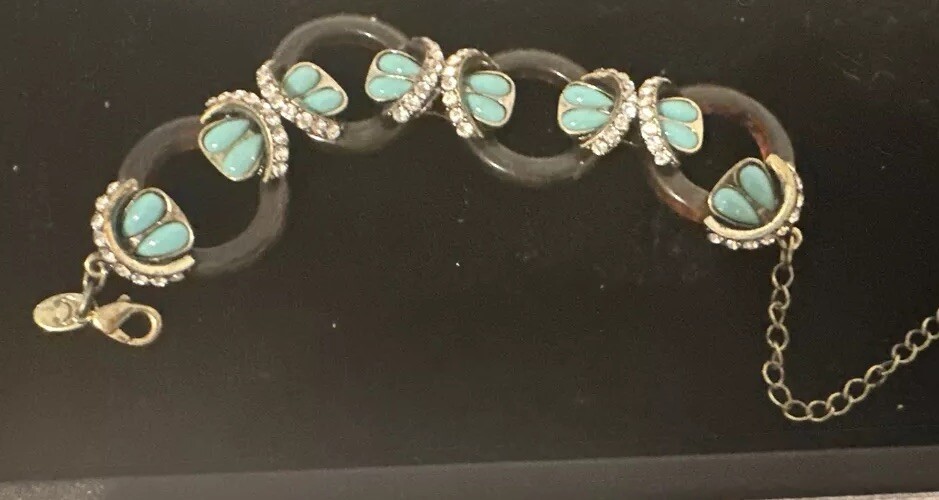 Faux TORTOISE SHELL LINK TURQUOISE RHINSTONE BRAC… - image 1