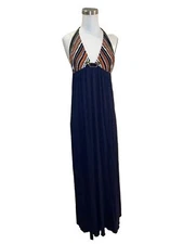 Women’s Sherry Nikka Navy Blue Stripe Maxi Dress Size Large Leather Trim