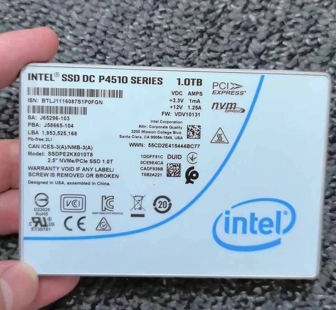 1TB Intel SSD P4510 Series DC U.2 SSDPE2KX010T8 VDV10131 2.5