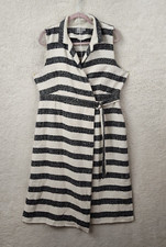 Asos Women Dress 14 Black Striped Cotton Blend Sleeveless Front Wrap Knee Length