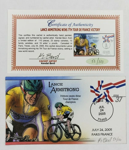 Bevil HP Lance Armstrong 7th Tour De France Event Cover W/COA Blue Signed FDC