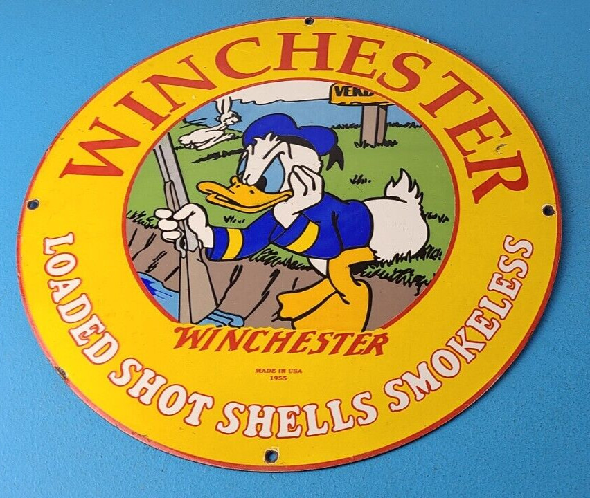 Letrero de porcelana Winchester vintage - Disney Duck Shot Gun armas de fuego bomba de gas letrero