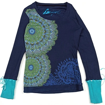 Desigual Femmes Shirt W Pull Manches XS Slim Bleu coton Jersey Tricot Mandala - Photo 1/4