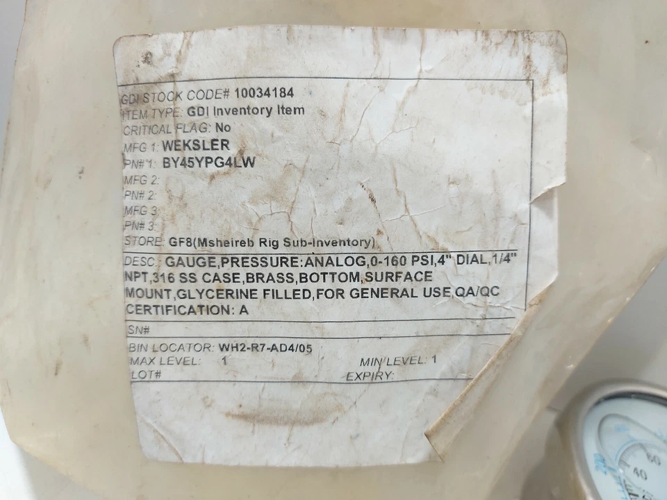 Weksler BY45YPG4LW Pressure Gauge 0-160 PSI 1/4" NPT - Image 2 of 4