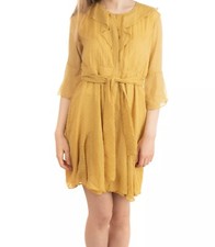 $350 WALTER BAKER Womens NWT Size 0 XS Yellow Ruffled Belted Crepe Zoey Dress