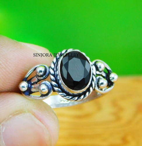 Bague Argent 925 Pierre Onyx Noire Faite Main - Taille 7.5" (19.05 Cm)