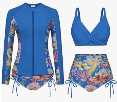 Jasambac Damen Blau & Mehrfarbig 3 Stück UPF 50+ Rash Guard Bikini Uk 22