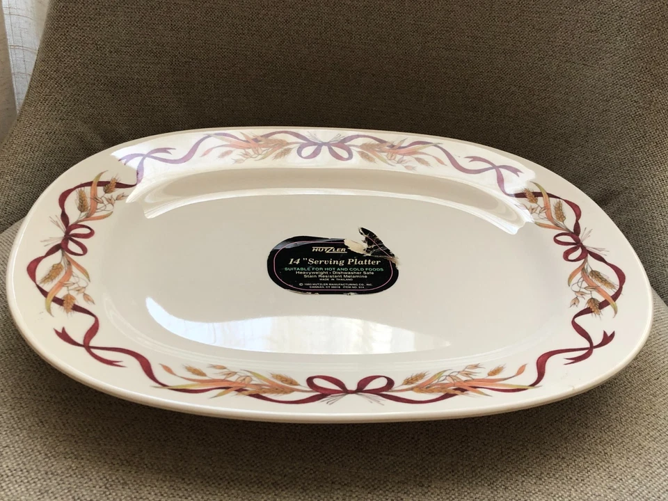 1993 Hutzler 14  Melamine Harvest Serving Platter White Wheat Red Ribbon - Image 3 of 4