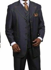 Men's Luxurious Denim Look/Modern Suit w/ Collared Vested Navy/Dark Blue