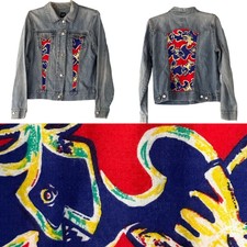 Custom Redone Denim Jacket L Ooak Colorblock Fish Print Inset Cotton Gap Trucker