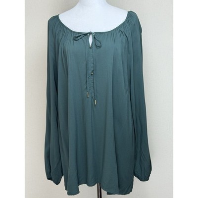 Ellos Women's Plus Sz 1X 22/24 Blouse Green Long Sleeve Peasant 3/4 Button Tie