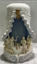 Vintage Hand Carved Nativity Manger Candle Highly Detailed 10”x6” White Blue