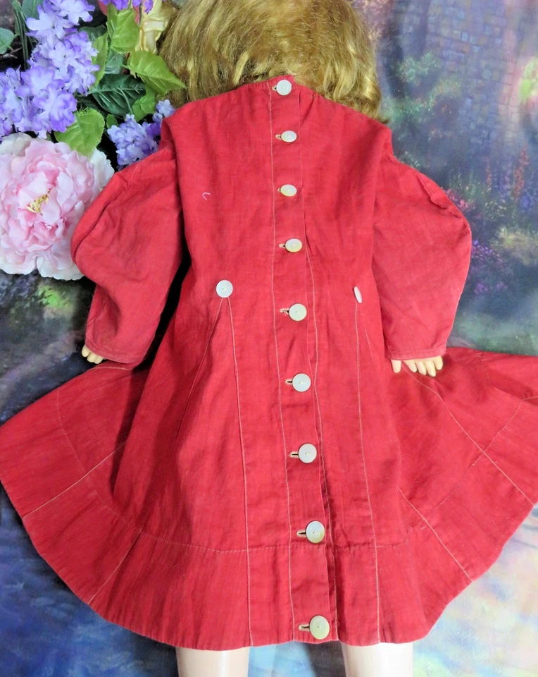 Original Antique Edwardian Child Dress Red linen Pearl buttons Large doll dress - Image 4 of 4
