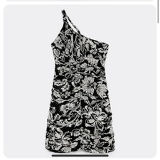 New! ZARA asymmetric one shoulder floral mini dress black white 41015