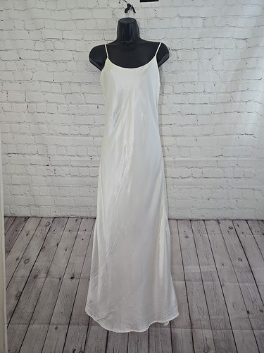 ELEGANTES VINTAGE STRUKTURIERTES SATIN Full Dress SLIP langes Maxi KLEID Gr. 6 ELFENBEIN Made in USA