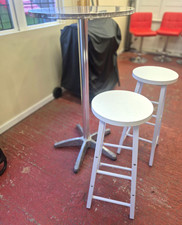 Round Silver Metal Bar Table with 2 wooden white stools