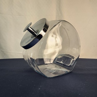 Vtg Lrg General Store Penny Candy Jar Canister Slanted Clear Glass Metal Lid