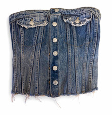 Zara Strapless Denim Corset Bustier Top Button Front Stretch Blue XS 90s