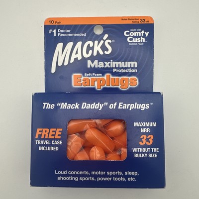 Mack's Maximum Protection Soft Foam Earplugs, 10 Pair with Travel Case New