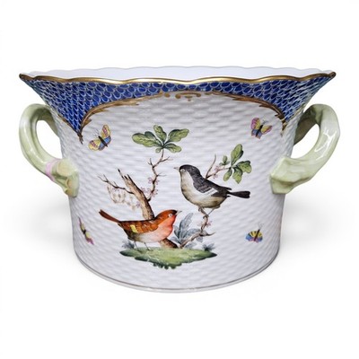 RARE Large Herend Porcelain Rothschild Bird Blue Border Ice Bucket or Cache Pot