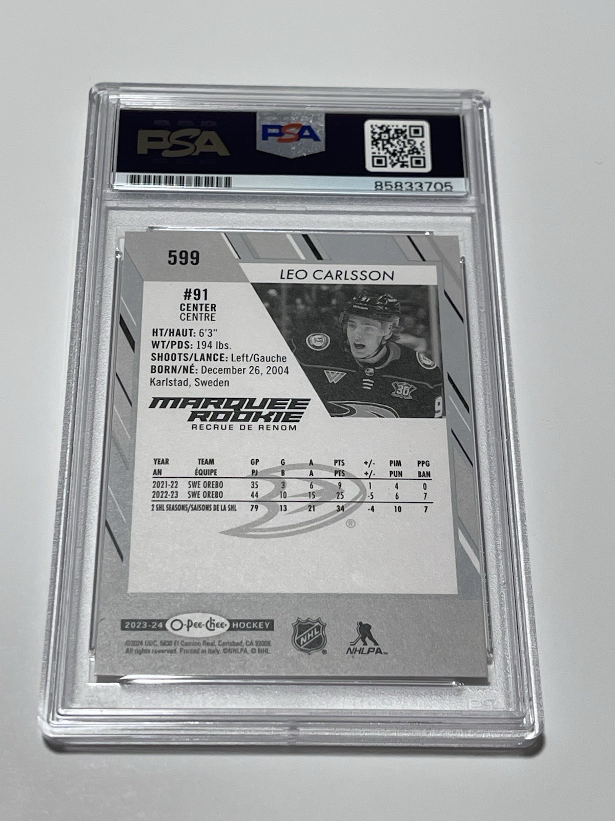 Leo Carlsson Signed Card Slabbed PSA DNA PSA/DNA Marquee Rookie Ducks IP Auto b view 2