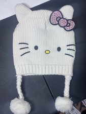 Hello Kitty Little Girls Beanie Hat With Pink Ribbon Cream Color For Size 4-14