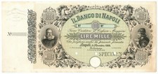 1000 LIRE "SPECIMEN" CON MATRICE BANCO DI NAPOLI FEDE DI CREDITO 01/11/1869 SUP