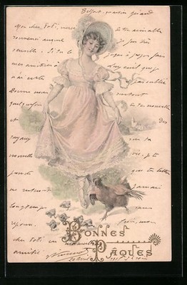 Artist Postcard M. Munk No. 179: Young Lady in a Meadow with Hen and Chick 