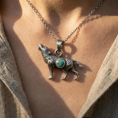 #ad Howling Wolf Pendant Necklace Sterling Silver with Turquoise $20.00