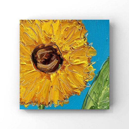 Ukrainian Sunflowers Oil Painting Blue Yellow Abstract Sunflower Art Gift 4x4in - Picture 2 of 9