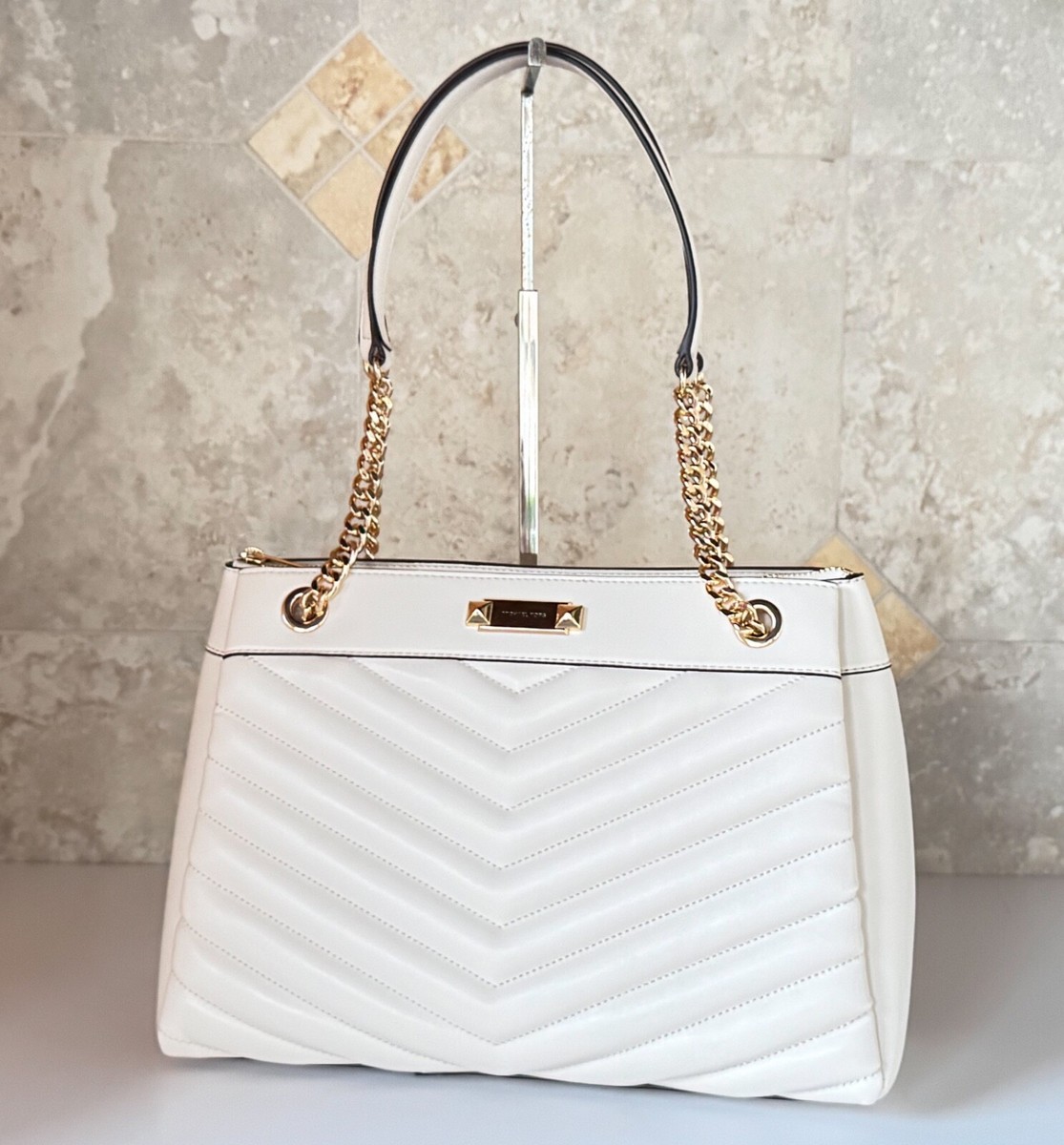 Michael Kors Whitney Medium Shoulder Chain Tote Bag Quilted Stripe