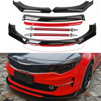 For Kia Optima Front Bumper Lip Splitter Spoiler Strut Rod Glossy Black+Red