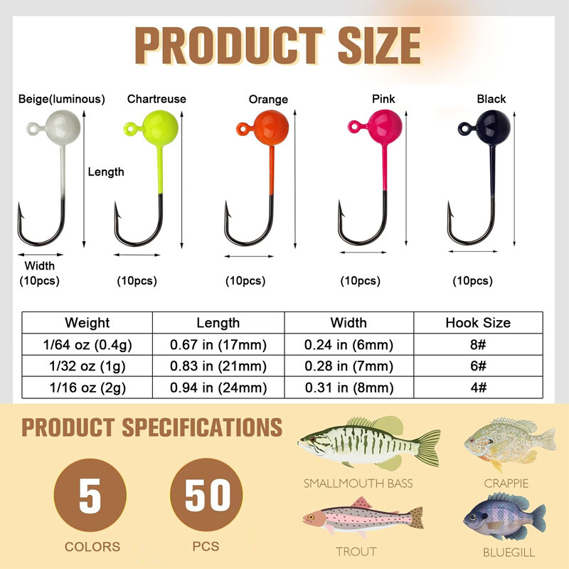 50pcs Painted Round Jig Heads Fishing Hook Crappie Bass Lures Bait