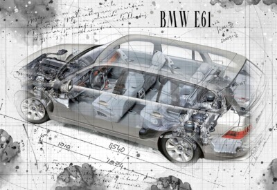 Line Tech Zeichnung BMW 5er Touring E61 Auto Cutaway Kunst Posterdruck