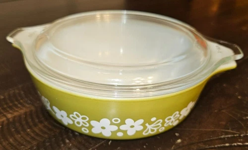 Vintage Pyrex 471 Spring Blossom Crazy Daisy Avocado 1 pt Casserole Dish -Lid